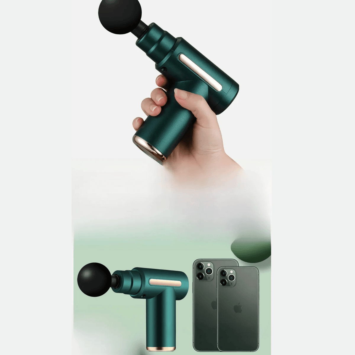 Hand holding a green massage gun next to an iPhone on a light background  |  Best Mini Portable Massage Gun for Muscle Recovery | Quiet & Compact