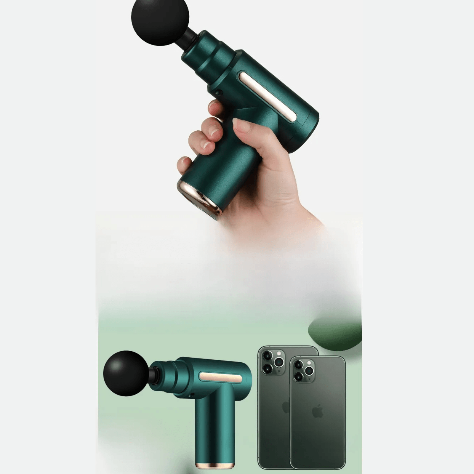 Hand holding a green massage gun next to an iPhone on a light background  |  Best Mini Portable Massage Gun for Muscle Recovery | Quiet & Compact
