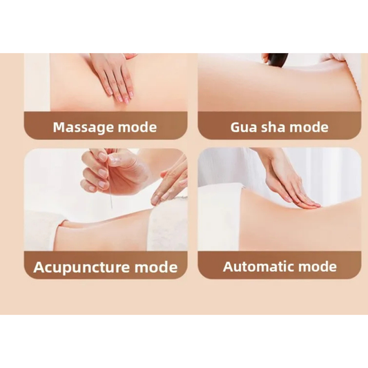Luliqua TractionRelief 4 massage modes - massage mode with hand pressing on lower back, gua sha mode showing smooth back surface, acupuncture mode with hand holding device on leg, and automatic mode with hand on lower back for comprehensive lumbar therapy