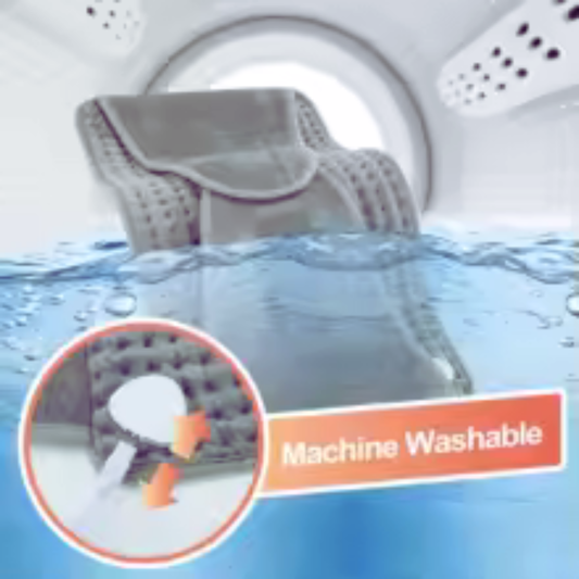 Luliqua ThermoWaist machine washable - grey ThermoWaist under running water with close-up inset showing water-resistant fabric, removable cover for easy cleaning