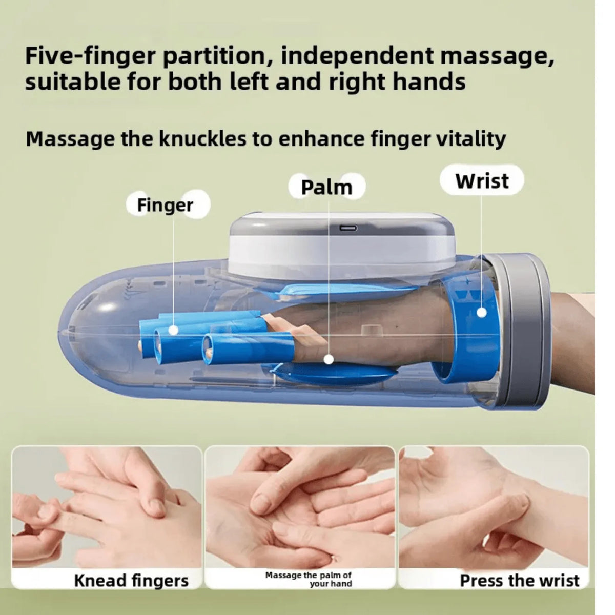 Luliqua HandRelief Pro five-finger partition independent massage - transparent cutaway view showing hand inside gray massager with white control unit on top, blue internal airbag chambers wrapping around fingers, palm and wrist with three labeled zones, massage the knuckles to enhance finger vitality, three demonstration photos below showing knead fingers technique, massage palm of hand technique, and press the wrist technique for comprehensive hand care
