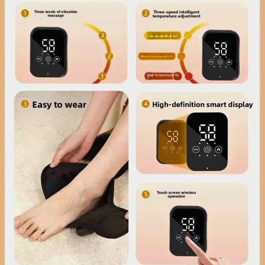 Luliqua AnkleRelief massager features infographic - 3 vibration massage levels, 3-speed intelligent temperature adjustment, easy-to-wear design, high-definition smart display, and touch screen wireless operation
