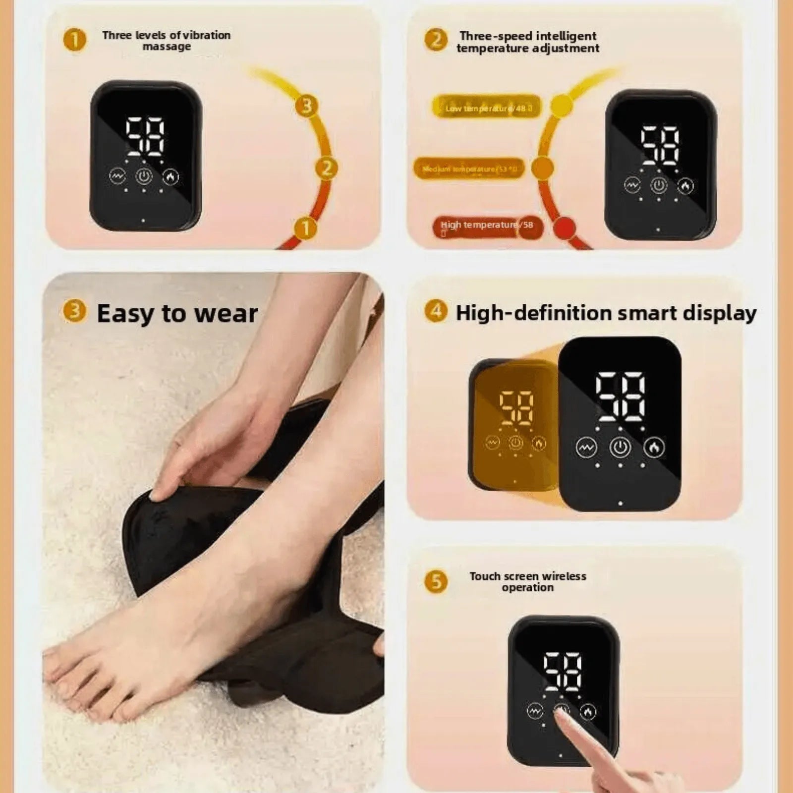 Product features including vibration massage, temperature adjustment, ease of wear, smart display, and touch screen operation | Best Ankle Massager with Heat Therapy for Pain Relief | Rechargeable & Portable