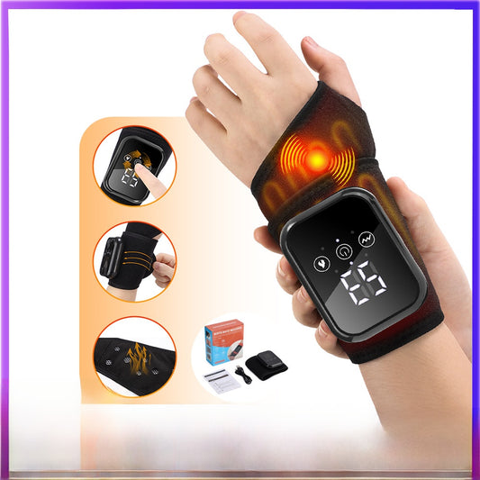 Luliqua WristRelief heated wrist massager showing infrared heat therapy in action with LED display, adjustable wrap design, breathable fabric, and complete package contents including charging cable