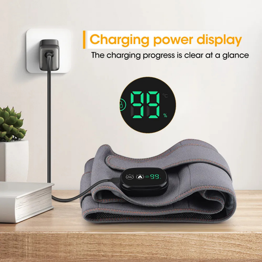 Luliqua WaistRelief charging power display - LED screen showing 99% battery level with clear charging progress indicator, USB charging cable included