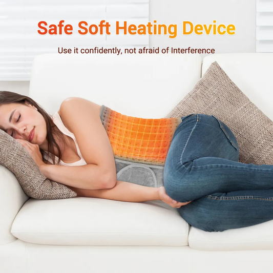 Luliqua ThermoWaist safe soft heating device - use confidently without interference, woman sleeping peacefully with gentle heat therapy on abdomen