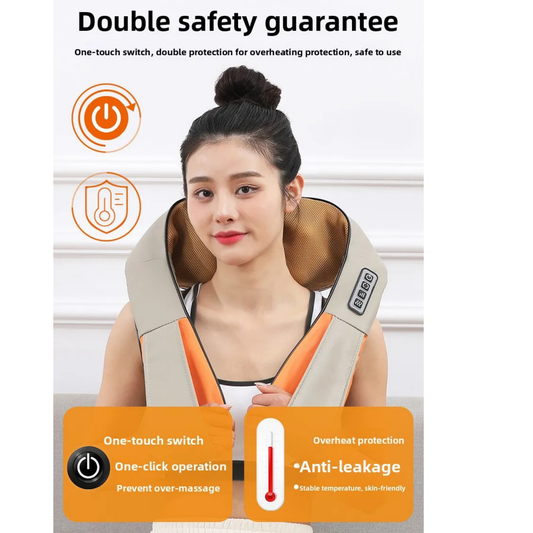 Luliqua ShawlRelief double safety guarantee with one-touch switch and overheat protection - woman with hair in bun wearing beige U-shaped shiatsu massager with brown mesh massage nodes and gray control panel on right shoulder, two orange safety icons showing power button for one-touch switch and thermometer shield for overheating protection, two orange info boxes explaining one-click operation to prevent over-massage and anti-leakage with stable temperature skin-friendly features