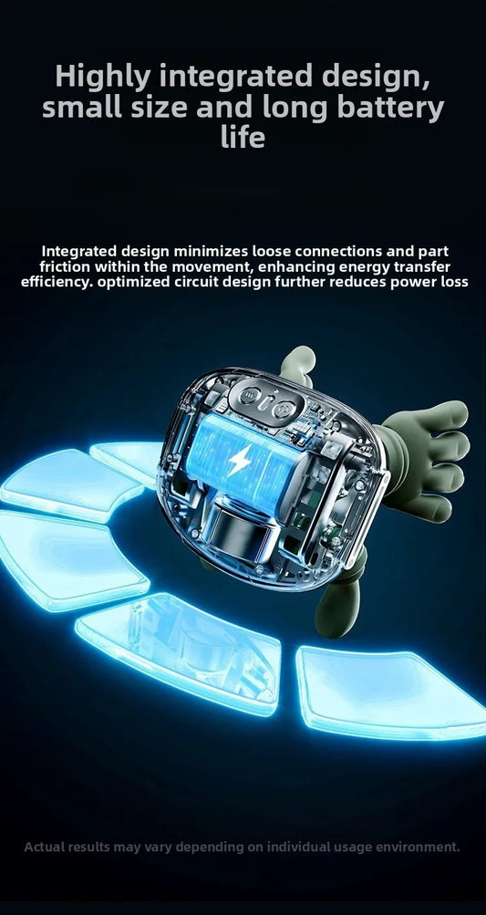 Luliqua NeckEase highly integrated design small size and long battery life - transparent cutaway view showing blue rechargeable battery, integrated design minimizes loose connections and part friction, optimized circuit design reduces power loss for enhanced energy transfer efficiency