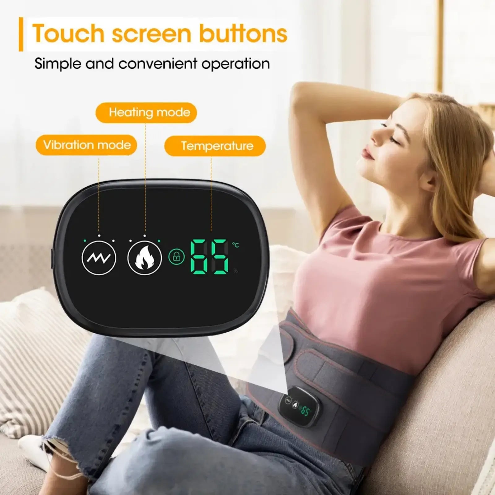 Woman Best Heated Waist Belt for Back Pain Relief | Rechargeable Lumbar Massager with a digital display on a couch, featuring touch screen buttons for various modes.