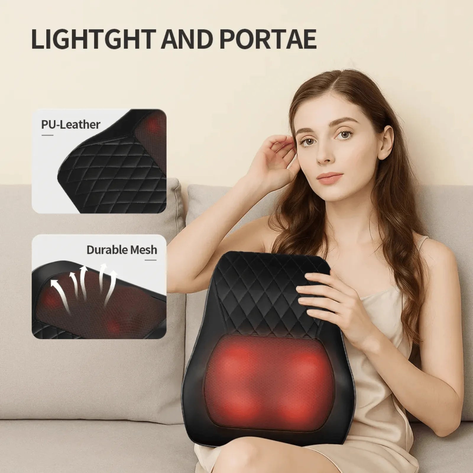Luliqua ShoulderRelief lightweight and portable design - premium PU leather quilted exterior with durable mesh breathable fabric, easy to carry anywhere with infrared heat nodes glowing