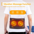 Person wearing Best Heated Waist Belt for Back Pain Relief | Rechargeable Lumbar Massager with text about its functions