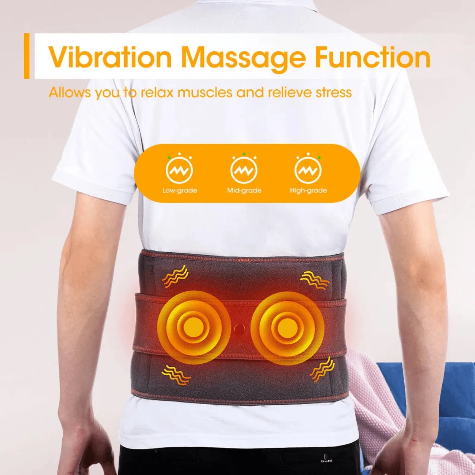 Person wearing Best Heated Waist Belt for Back Pain Relief | Rechargeable Lumbar Massager with text about its functions