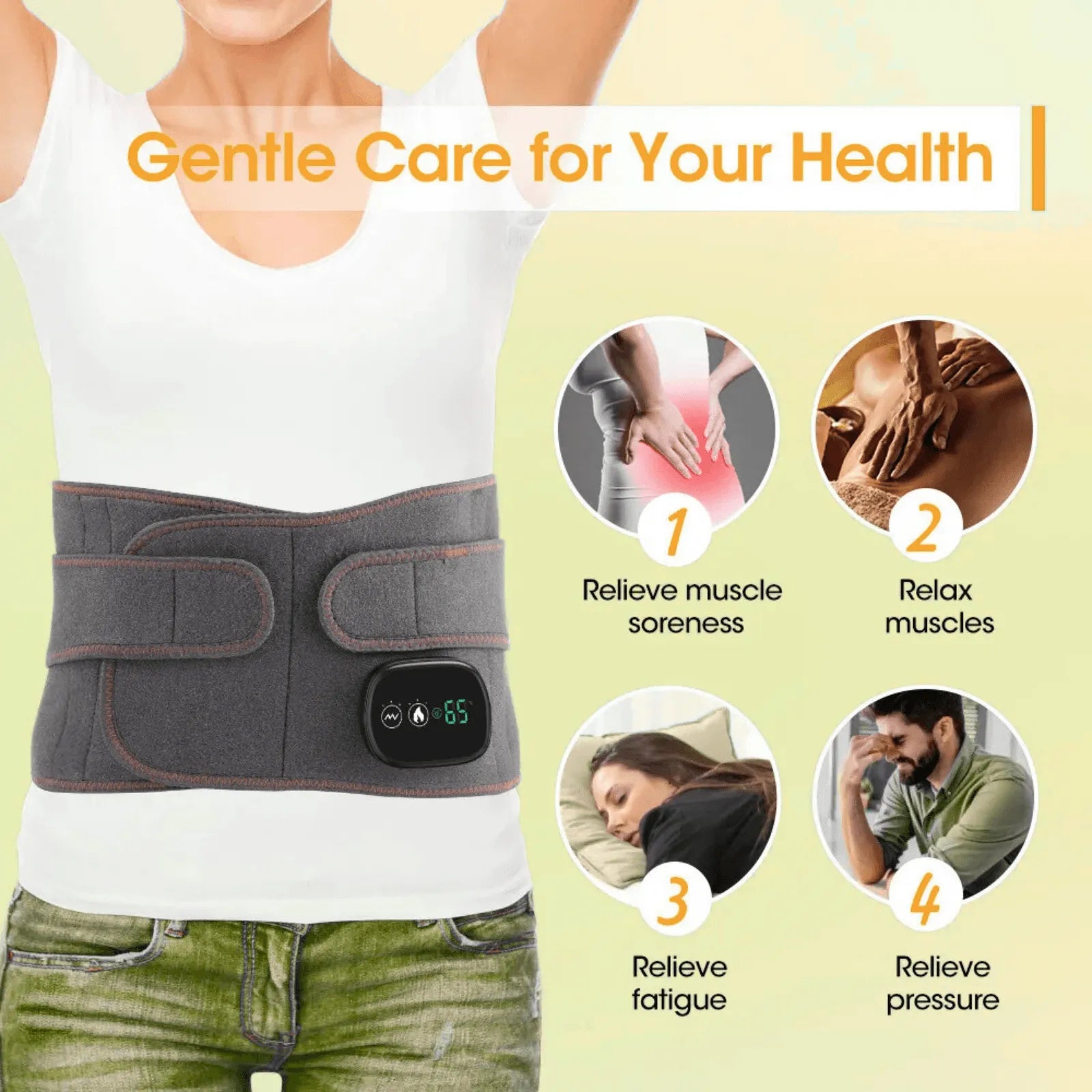 Person wearing Best Heated Waist Belt for Back Pain Relief  with text 'Gentle Care for Your Health' and icons showing benefits.