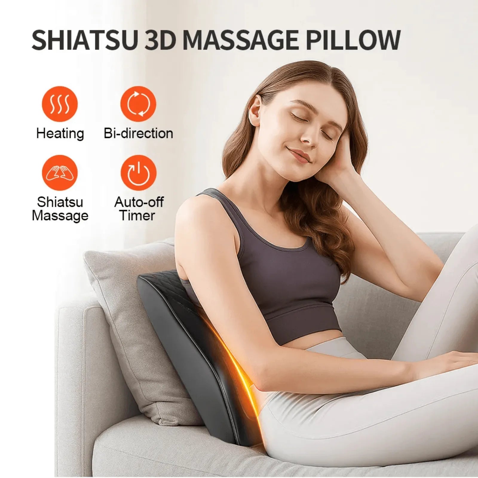 Luliqua ShoulderRelief shiatsu 3D massage pillow features - heating function, bi-directional rotation, shiatsu kneading massage, and auto-off timer for safe relaxation