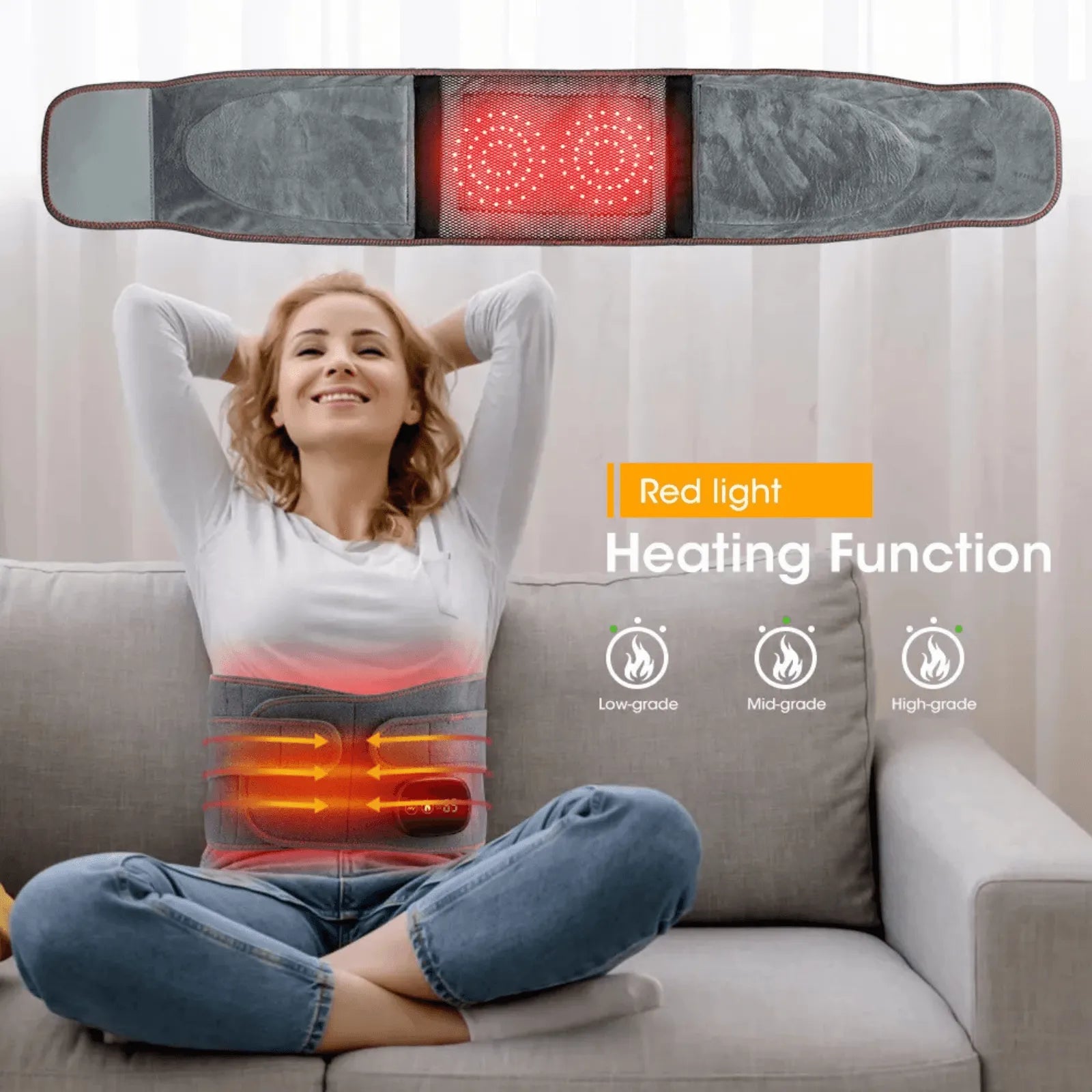Woman using Best Heated Waist Belt for Back Pain Relief with red light display on a couch, indicating heating function.