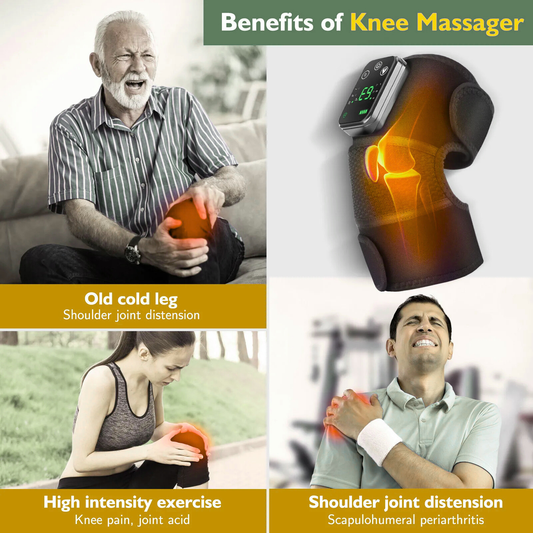 Luliqua KneeRelief benefits of knee massager - elderly man with old cold leg and shoulder joint distension, heated knee with orange infrared heat visualization, woman after high intensity exercise with knee pain and joint acid, man with shoulder joint distension and scapulohumeral periarthritis relief
