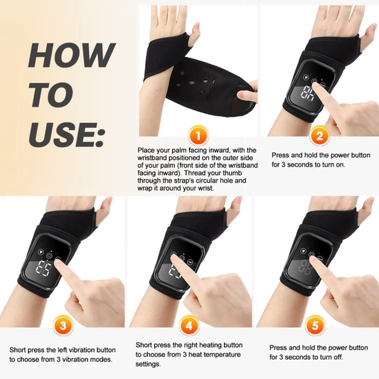 Luliqua WristRelief how to use guide - 5 step instructions for wearing, powering on, selecting vibration modes, adjusting heat temperature, and turning off the heated wrist massager