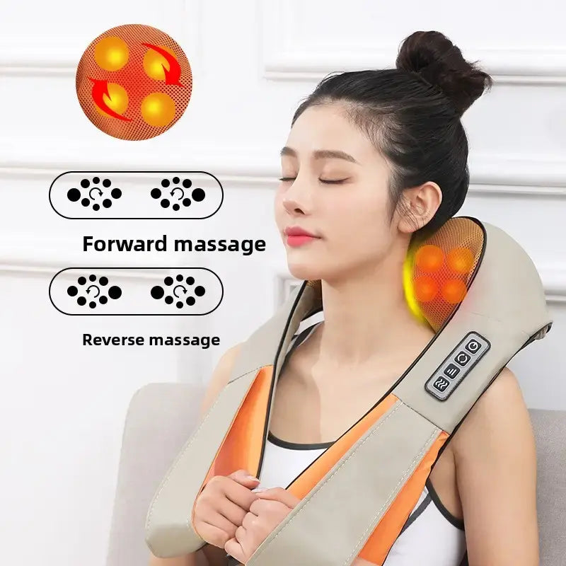 Luliqua ShawlRelief bi-directional shiatsu massage with forward and reverse rotation - woman with hair in bun relaxing with eyes closed wearing beige U-shaped massager with orange infrared heat glow on neck and shoulders, brown mesh massage nodes visible, control panel on right shoulder, diagram showing forward massage pattern with black dots rotating clockwise and reverse massage pattern with dots rotating counterclockwise for deep kneading relief