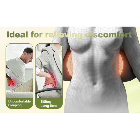 Luliqua LumbarComfort ideal for relieving discomfort - woman in white ribbed top showing orange-red heat glow on both hips and lower back demonstrating pain relief, two rounded rectangle images on left showing man in white long-sleeve shirt with red pain visualization on lower back labeled uncomfortable sleeping while lying on bed, and sitting long time at office chair with red pain on lower back
