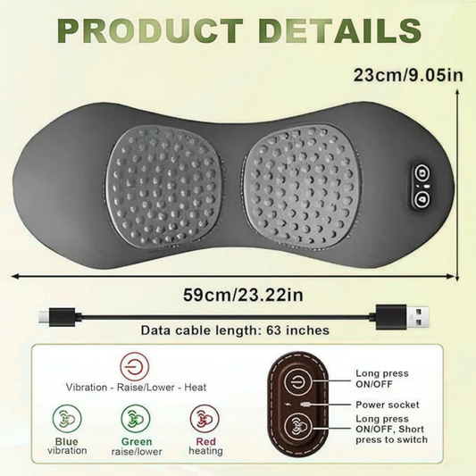 Luliqua LumbarComfort product details and dimensions - dark gray figure-8 shaped lumbar pillow measuring 59cm/23.22in length by 23cm/9.05in width with two circular massage zones covered in raised gray massage nodes, small black control panel with two buttons on right side, USB charging cable 63 inches long shown below, control panel diagram showing top button for vibration raise/lower and heat with long press ON/OFF, bottom button for power socket with long press ON/OFF and short press to switch, three LED 