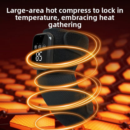 Luliqua KneeRelief large-area hot compress to lock in temperature embracing heat gathering - orange spiral heat waves visualization showing 360-degree heat distribution, LED display showing temperature level for deep penetrating warmth