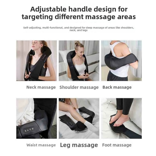 Luliqua HandRelief Pro three modes enjoy massage - woman in blue and white striped pajamas relaxing on white bed with gray hand massager, holding paper fan, gray massager with chrome control panel showing 4 buttons, double-layer TPU airbags wrap the hand with 14 airbags fitting core slots of fingers, palms and wrists for delicate and slot-like relaxation experience