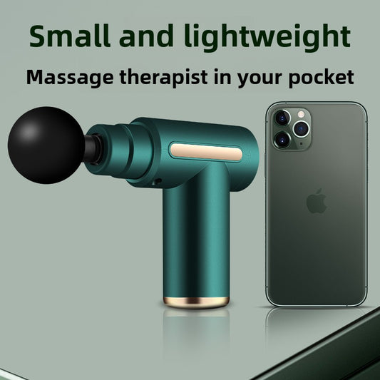 Luliqua PulseMini compact massage gun next to smartphone showing portable pocket-sized design for on-the-go muscle therapy