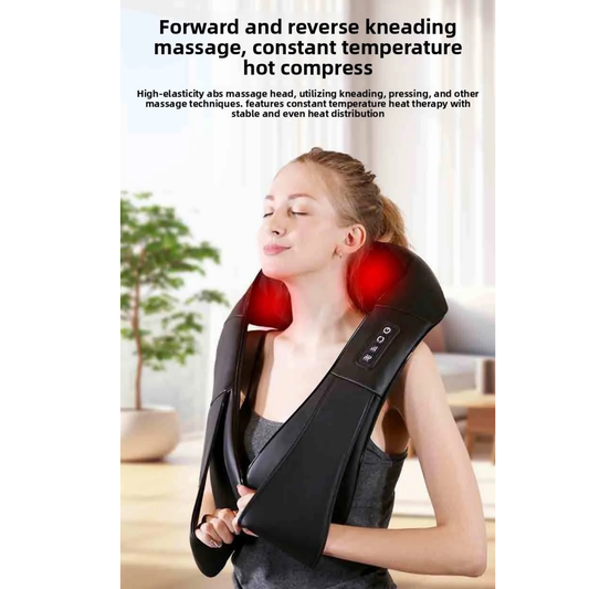 Luliqua ShawlRelief forward and reverse kneading massage with constant temperature hot compress - woman with blonde hair in ponytail wearing black U-shaped shiatsu massager with red glowing infrared heat on massage nodes, eyes closed in relaxation, black tank top, control panel visible on right shoulder, high-elasticity abs massage head utilizing kneading, pressing and other massage techniques with stable and even heat distribution, green plant and bright home interior in background