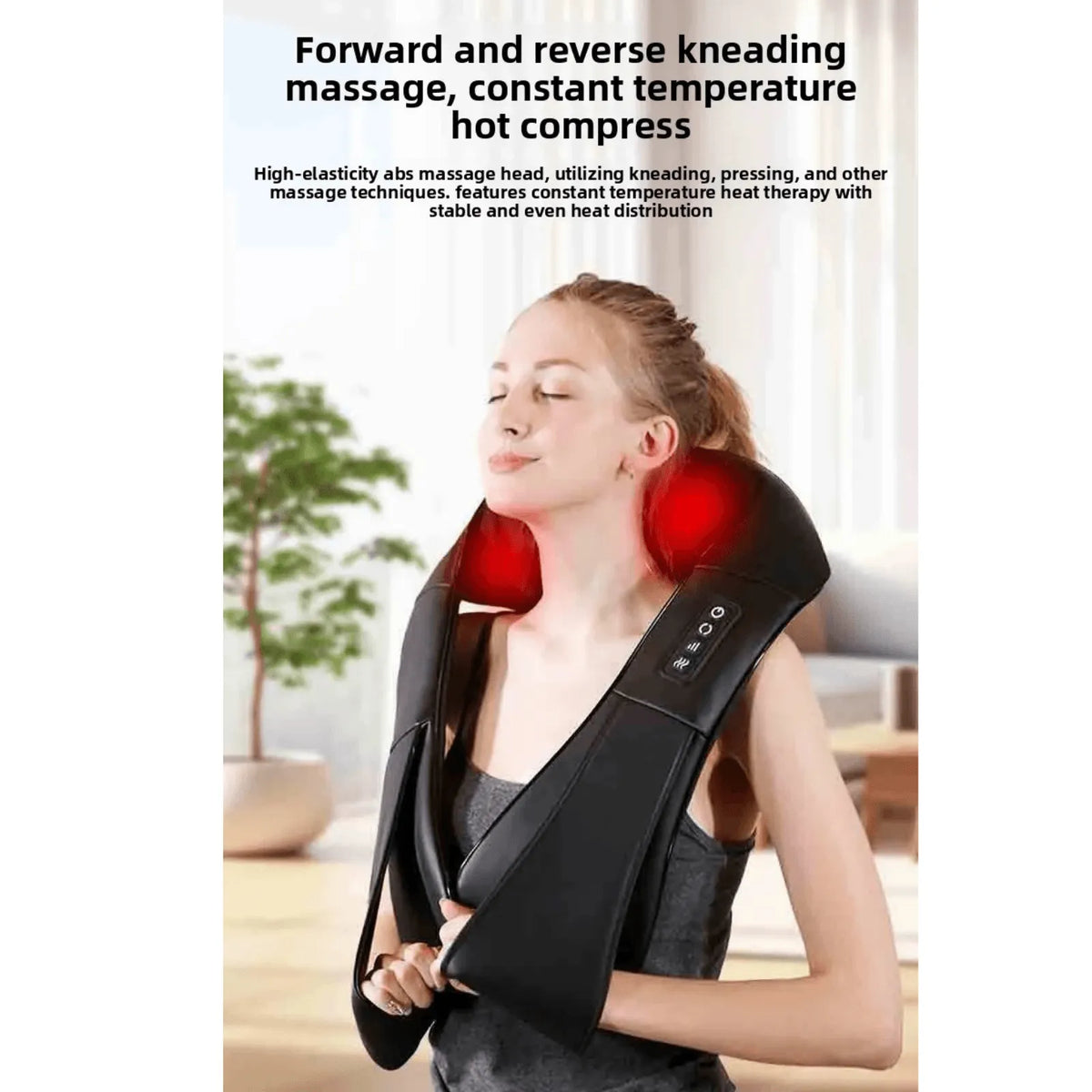 Luliqua ShawlRelief forward and reverse kneading massage with constant temperature hot compress - woman with blonde hair in ponytail wearing black U-shaped shiatsu massager with red glowing infrared heat on massage nodes, eyes closed in relaxation, black tank top, control panel visible on right shoulder, high-elasticity abs massage head utilizing kneading, pressing and other massage techniques with stable and even heat distribution, green plant and bright home interior in background