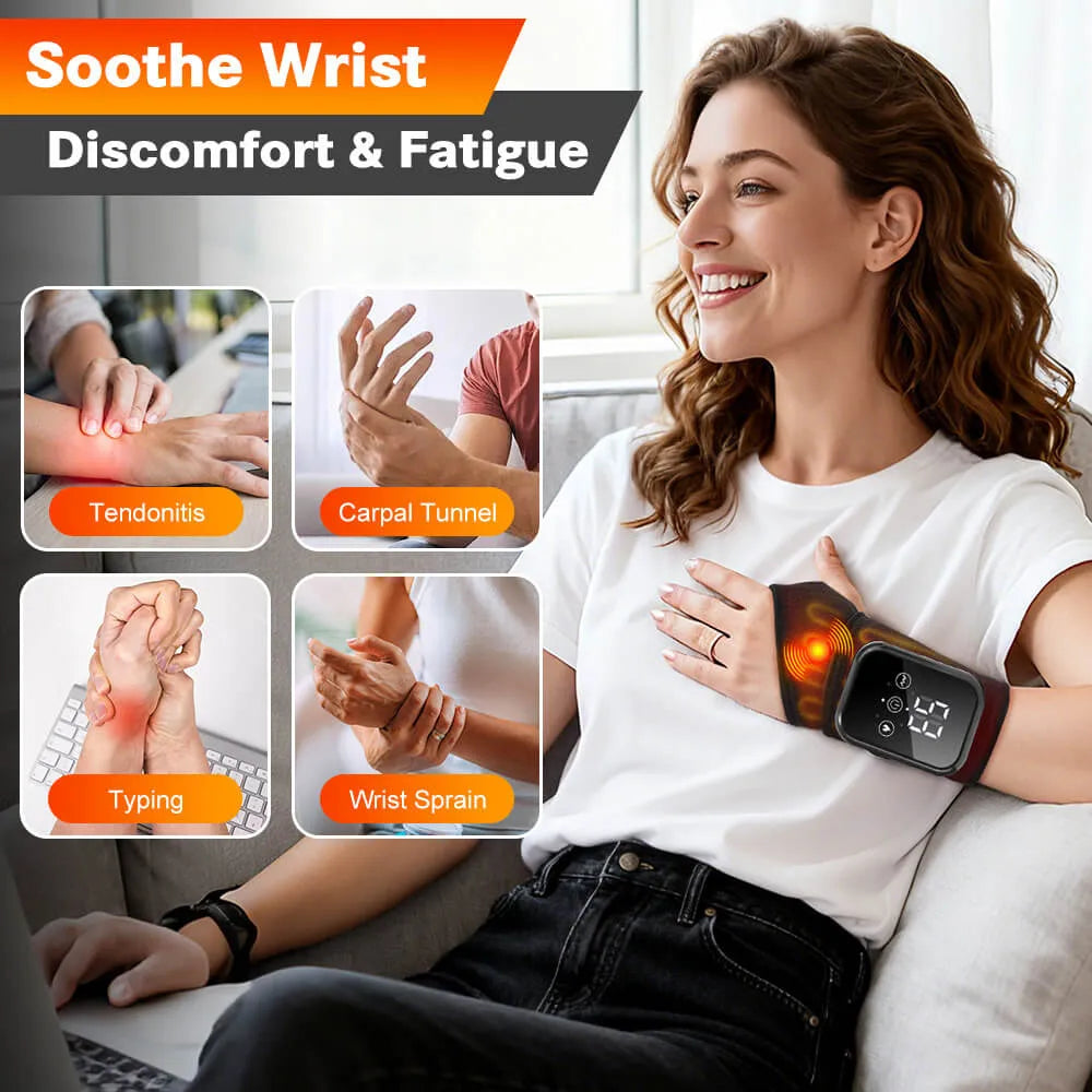 Woman using Best Wrist Massager for Pain Relief & Carpal Tunnel | Rechargeable & Portable to soothe discomfort and fatigue | Rechargeable & Portable