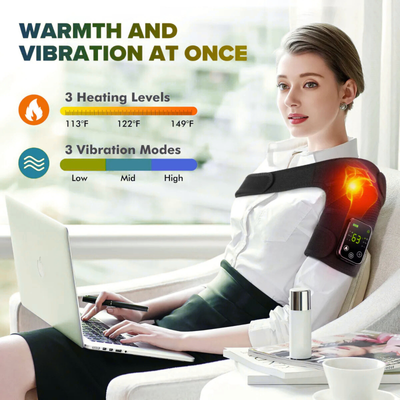 Luliqua ShoulderRelief warmth and vibration at once - woman working on laptop wearing white heated shoulder massager with remote control, 3 heating levels (113°F, 122°F, 149°F) and 3 vibration modes (low, mid, high) with red infrared heat glow for neck and shoulder pain relief