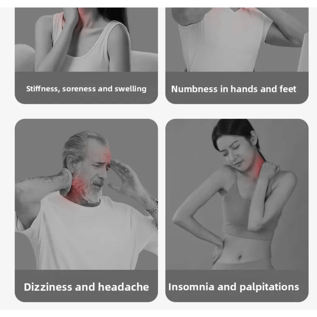 Four images showing different symptoms with red highlights on body parts.