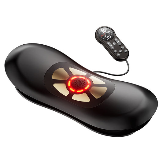 Luliqua TractionRelief electric lumbar traction massage pillow with remote control - black butterfly-shaped ergonomic design with 6 beige massage heads, red glowing center with infrared heat therapy, wired remote showing 3D massage modes and intensity levels for neck, back, lumbar, waist and leg pain relief