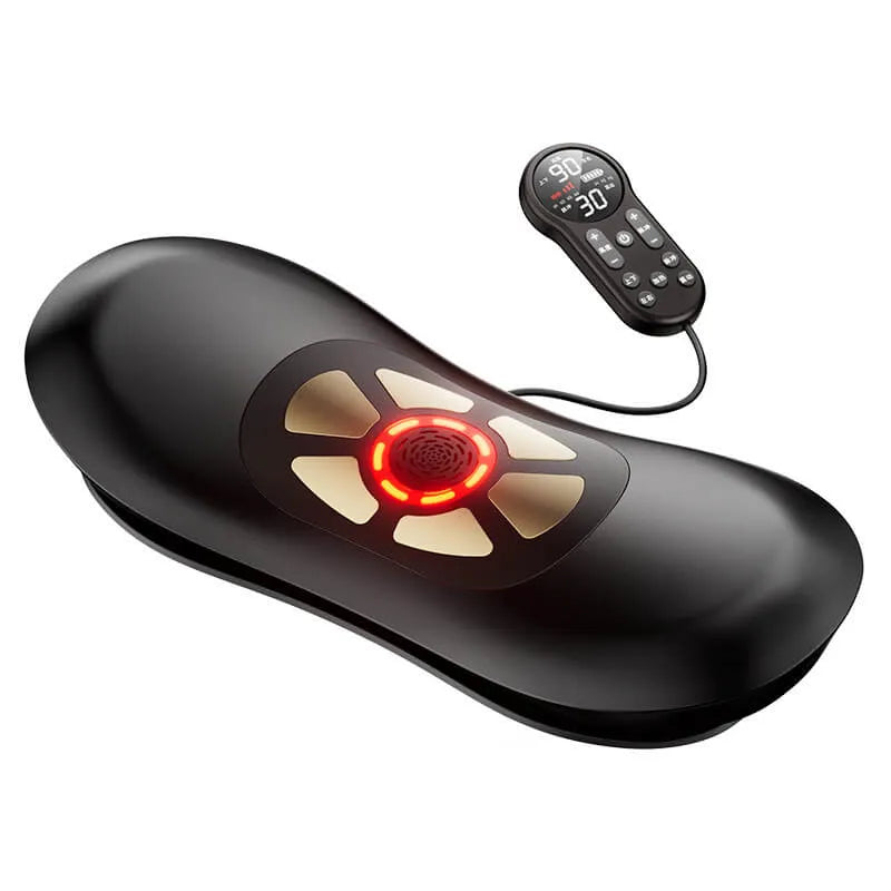 Luliqua TractionRelief electric lumbar traction massage pillow with remote control - black butterfly-shaped ergonomic design with 6 beige massage heads, red glowing center with infrared heat therapy, wired remote showing 3D massage modes and intensity levels for neck, back, lumbar, waist and leg pain relief
