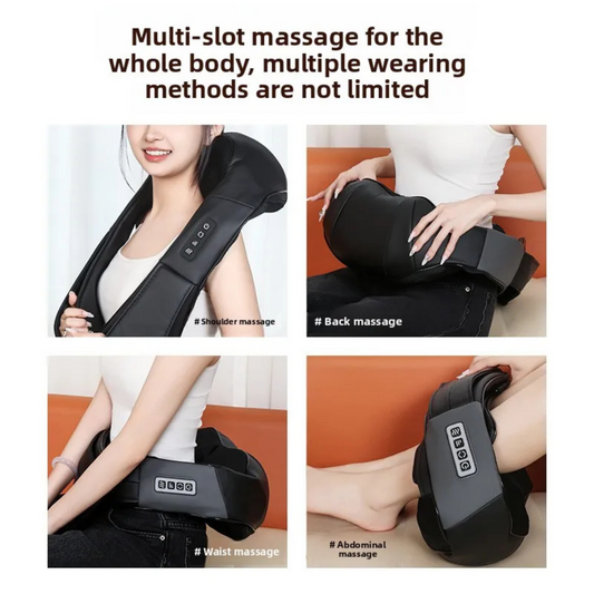 Luliqua ShawlRelief multi-slot massage for whole body with multiple wearing methods - 4 usage demonstrations showing woman in white top using black U-shaped shiatsu massager for shoulder massage with control panel visible, hands positioning massager on back for back massage on orange surface, waist massage while sitting with control panel showing settings, and abdominal massage with massager wrapped around midsection, text reads multi-slot massage for the whole body, multiple wearing methods are not limited