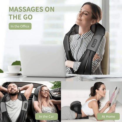 Luliqua ShawlRelief massages on the go - woman in striped shirt using gray U-shaped shiatsu massager with brown mesh nodes and control panel at offn relaxing in car with massagers on shoulders during road trip, woman lying on floor at home reading magazine with black massager on neck, demonstrating portable use in office, car and home