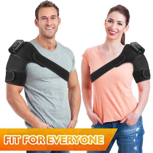 Luliqua ShoulderRelief fit for everyone - man in gray shirt and woman in peach top both wearing black heated shoulder massagers with LED displays showing 28 and 22, adjustable straps for universal fit on left or right shoulder
