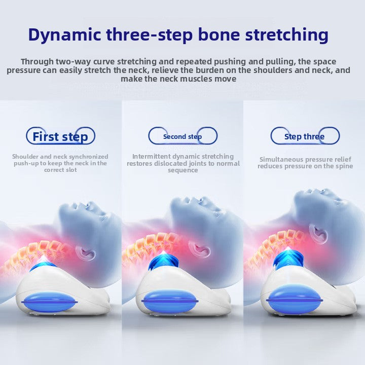 Luliqua CervicalRelief multi-function cervical traction device with dynamic airbag, heat and massage - woman using handheld remote control with LED display, infrared heat therapy glowing on neck