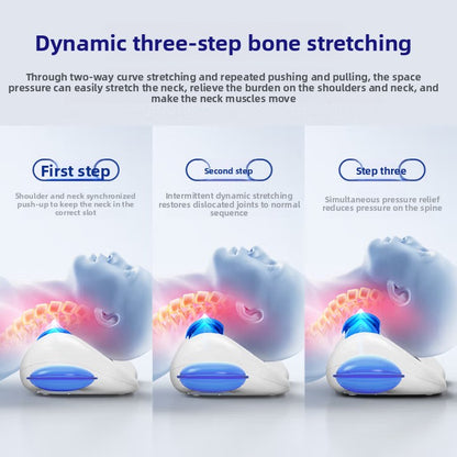 Luliqua CervicalRelief multi-function cervical traction device with dynamic airbag, heat and massage - woman using handheld remote control with LED display, infrared heat therapy glowing on neck