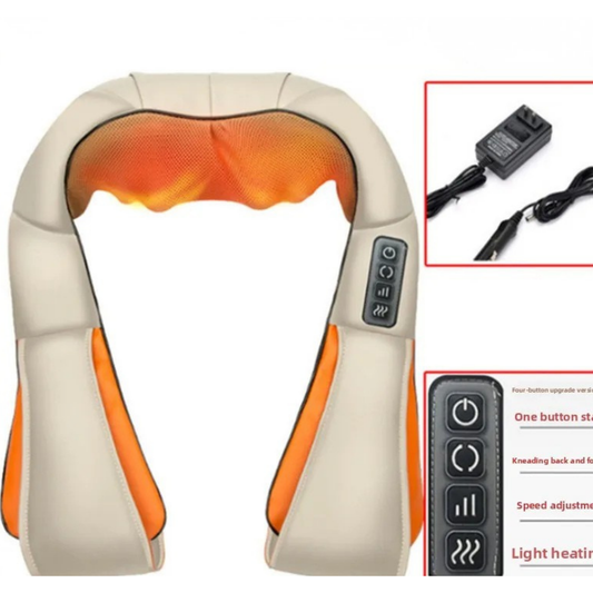 Luliqua ShawlRelief beige and orange U-shaped shiatsu massager with control panel and AC adapter - beige PU leather massager with orange accent straps, orange infrared heat glow on massage area, gray control panel on right side with 4 buttons showing power, direction, speed adjustment and heat icons, black AC wall adapter with cable in red box inset, four-button upgrade version with one button start, kneading back and forth, speed adjustment and light heating functions