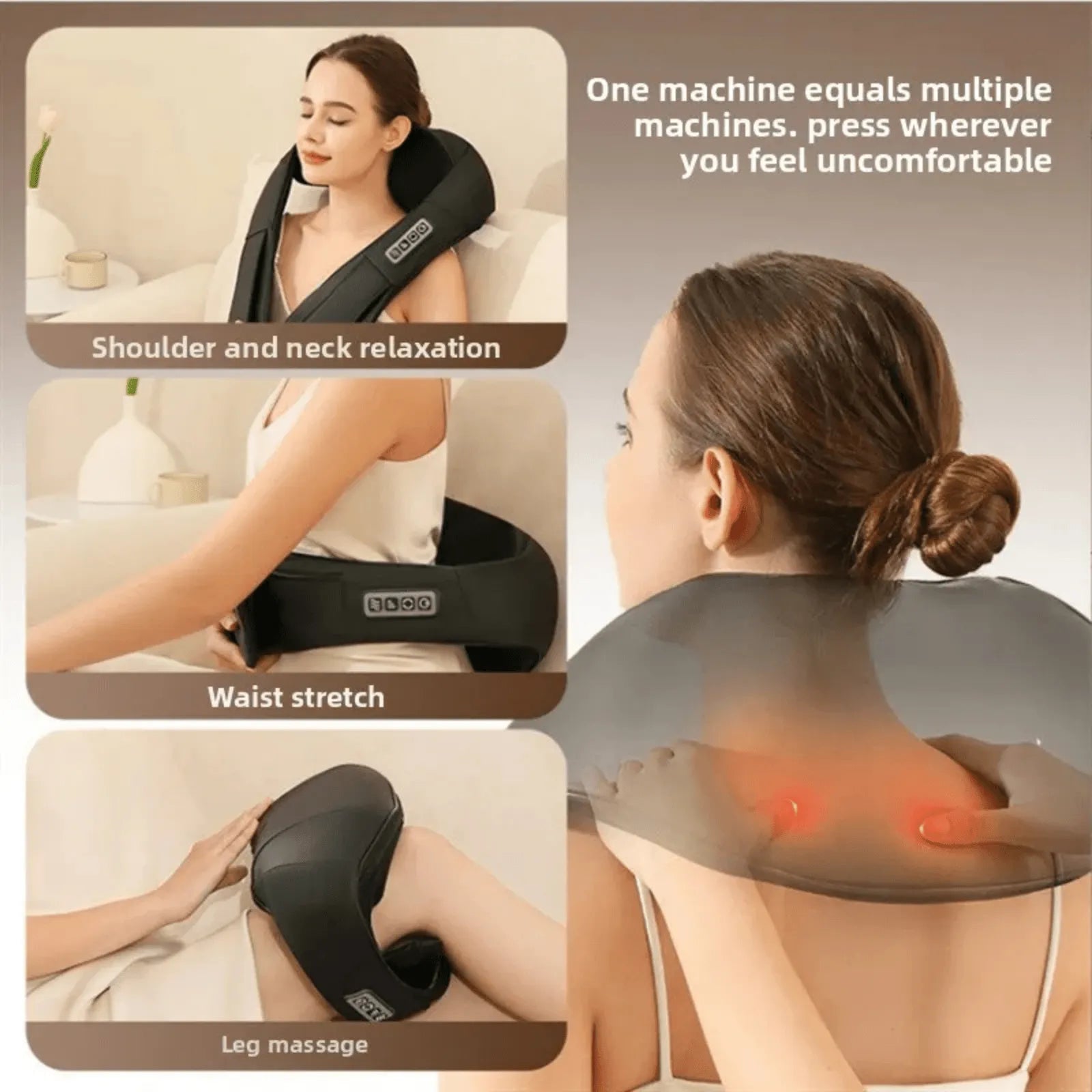 Luliqua ShawlRelief multi-functional shiatsu massager - one machine equals multiple machines press wherever you feel uncomfortable, woman with hair in low bun wearing beige U-shaped massager on upper back with orange infrared heat glow on shoulder blades, three usage demonstrations showing shoulder and neck relaxation with black massager and LCD control, waist stretch with massager on lower back, and leg massage with massager on calf muscle