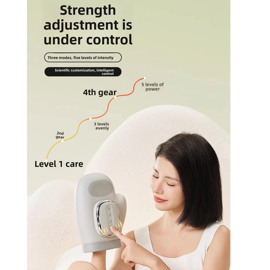 Luliqua HandRelief Pro strength adjustment under control - woman with shoulder-length dark hair in white tank top holding gray hand massager with chrome control panel showing 4 buttons, intensity progression chart displaying Level 1 care at bottom through 2nd gear (yellow), 3 levels evenly (orange), to 4th gear with 5 levels of power (red) at top, three modes and five levels of intensity with scientific customization and intelligent control