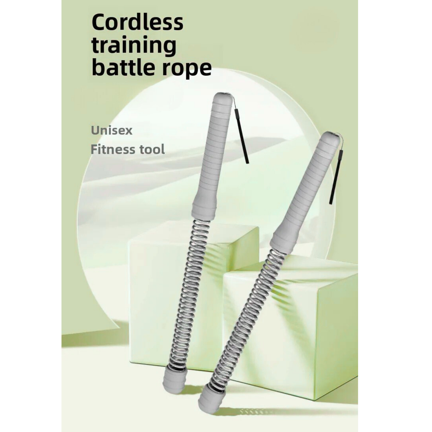 Luliqua PowerRope cordless training battle rope - unisex fitness tool with light gray foam handles, silver spring design, and black wrist straps for portable home workout