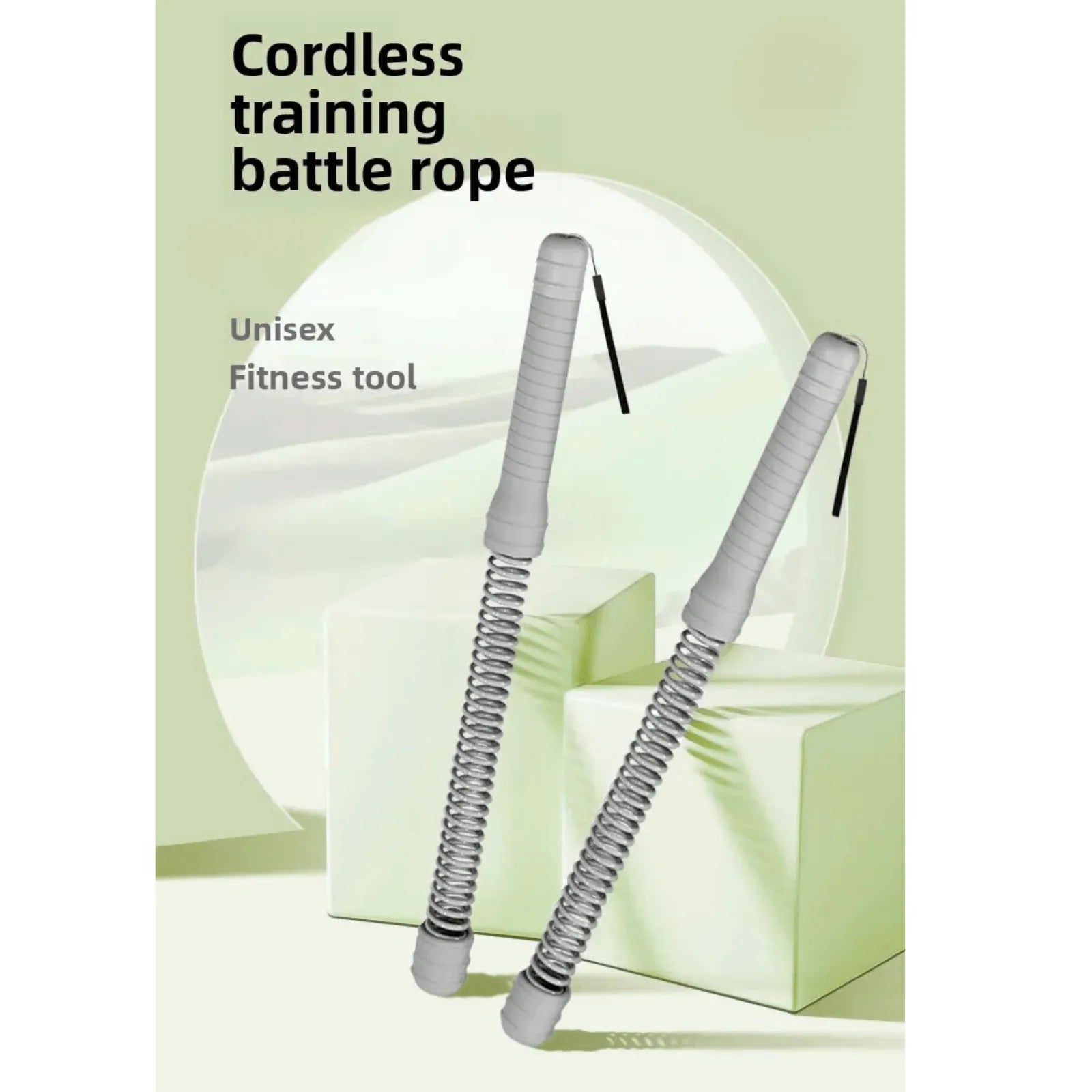 Luliqua PowerRope cordless training battle rope - unisex fitness tool with light gray foam handles, silver spring design, and black wrist straps for portable home workout
