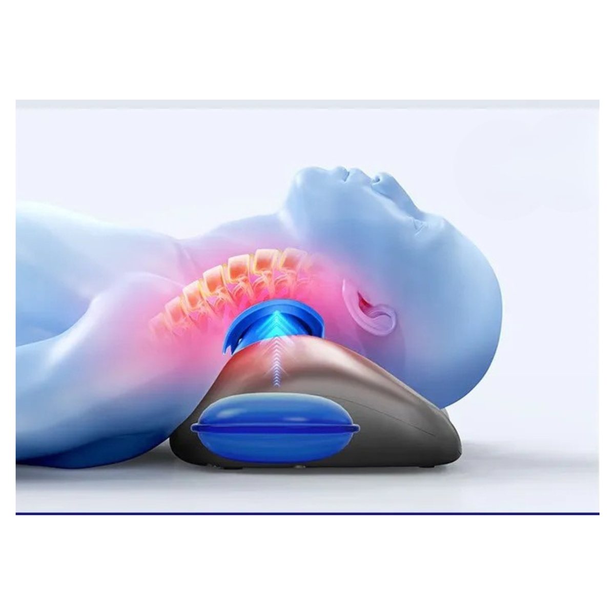 Luliqua CervicalRelief gray ergonomic cervical traction pillow - doctor demonstrating device with adjustable neck strap, infrared heat nodes glowing red, ventilation holes for breathability