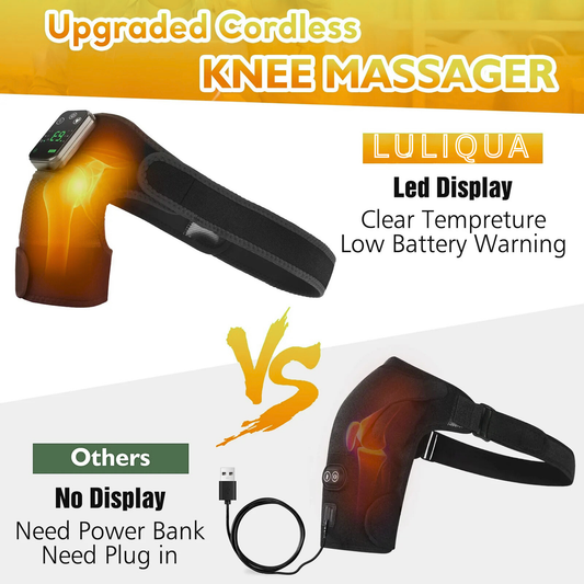 Luliqua upgraded cordless knee massager comparison - LED display with clear temperature and low battery warning vs others with no display requiring power bank or plug-in, black heated knee massager with orange infrared heat glow and USB charging cable