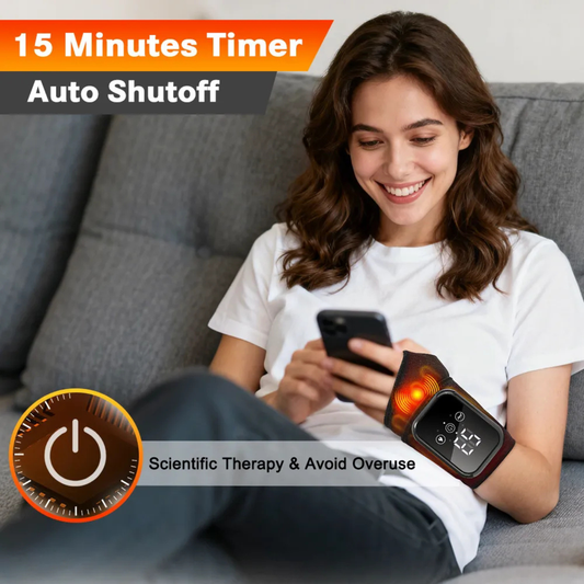 Luliqua WristRelief heated wrist massager with 15-minute auto shutoff timer for scientific therapy and safe use - woman relaxing on couch with heat therapy in action