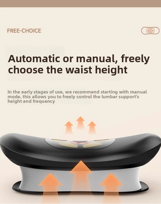 Luliqua LumbarComfort free-choice automatic or manual waist height adjustment - black curved lumbar support device with white control panel showing power and mode buttons, orange upward arrows indicating electric lifting mechanism with automatic or manual height adjustment, gray cylindrical base with orange arrows showing adjustable elevation, allows user to freely control lumbar support height and frequency in manual mode
