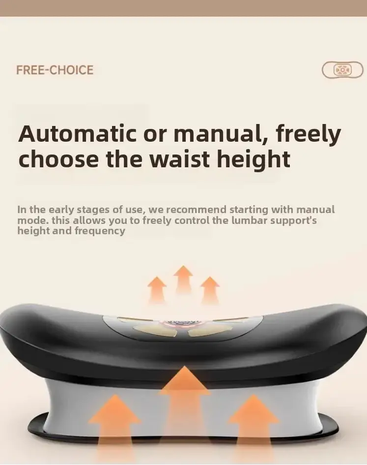 Luliqua LumbarComfort free-choice automatic or manual waist height adjustment - black curved lumbar support device with white control panel showing power and mode buttons, orange upward arrows indicating electric lifting mechanism with automatic or manual height adjustment, gray cylindrical base with orange arrows showing adjustable elevation, allows user to freely control lumbar support height and frequency in manual mode