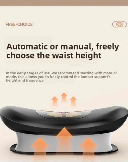Luliqua LumbarComfort free-choice automatic or manual waist height adjustment - black curved lumbar support device with white control panel showing power and mode buttons, orange upward arrows indicating electric lifting mechanism with automatic or manual height adjustment, gray cylindrical base with orange arrows showing adjustable elevation, allows user to freely control lumbar support height and frequency in manual mode